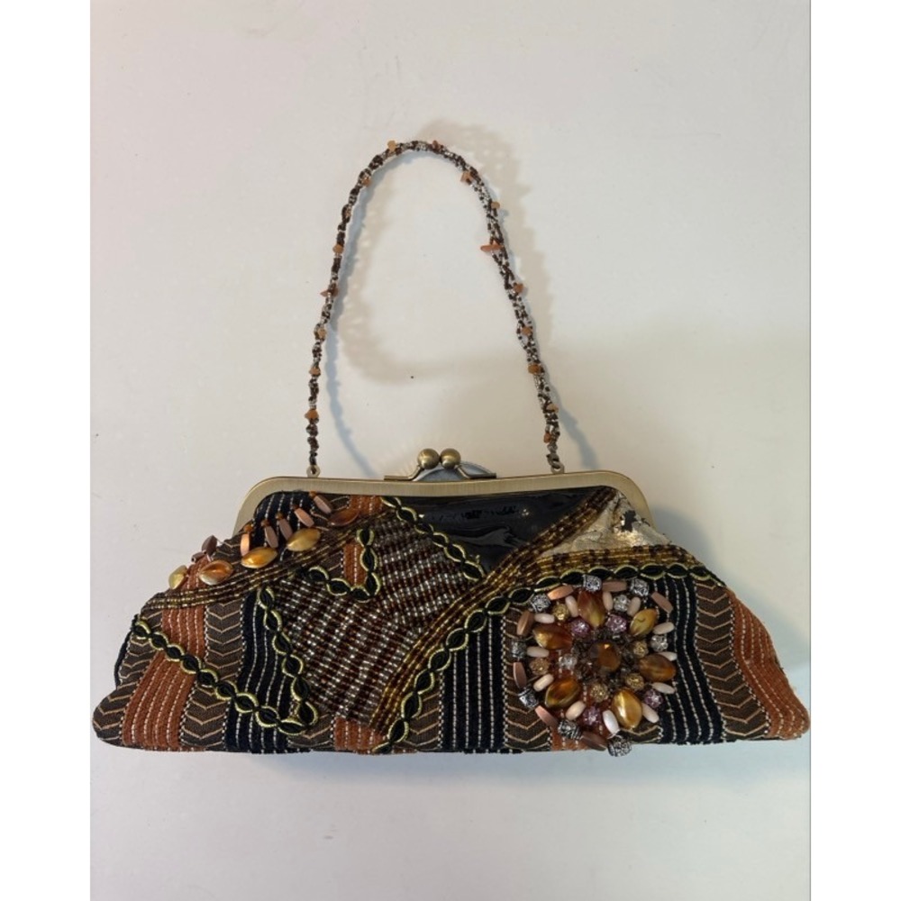Boho Beaded Jeweled Frame Clutch Bag Brown Black Gold Chevron Kiss Lock Evening